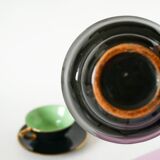 Set of 6 black and colored earthenware cups and saucers, 1950