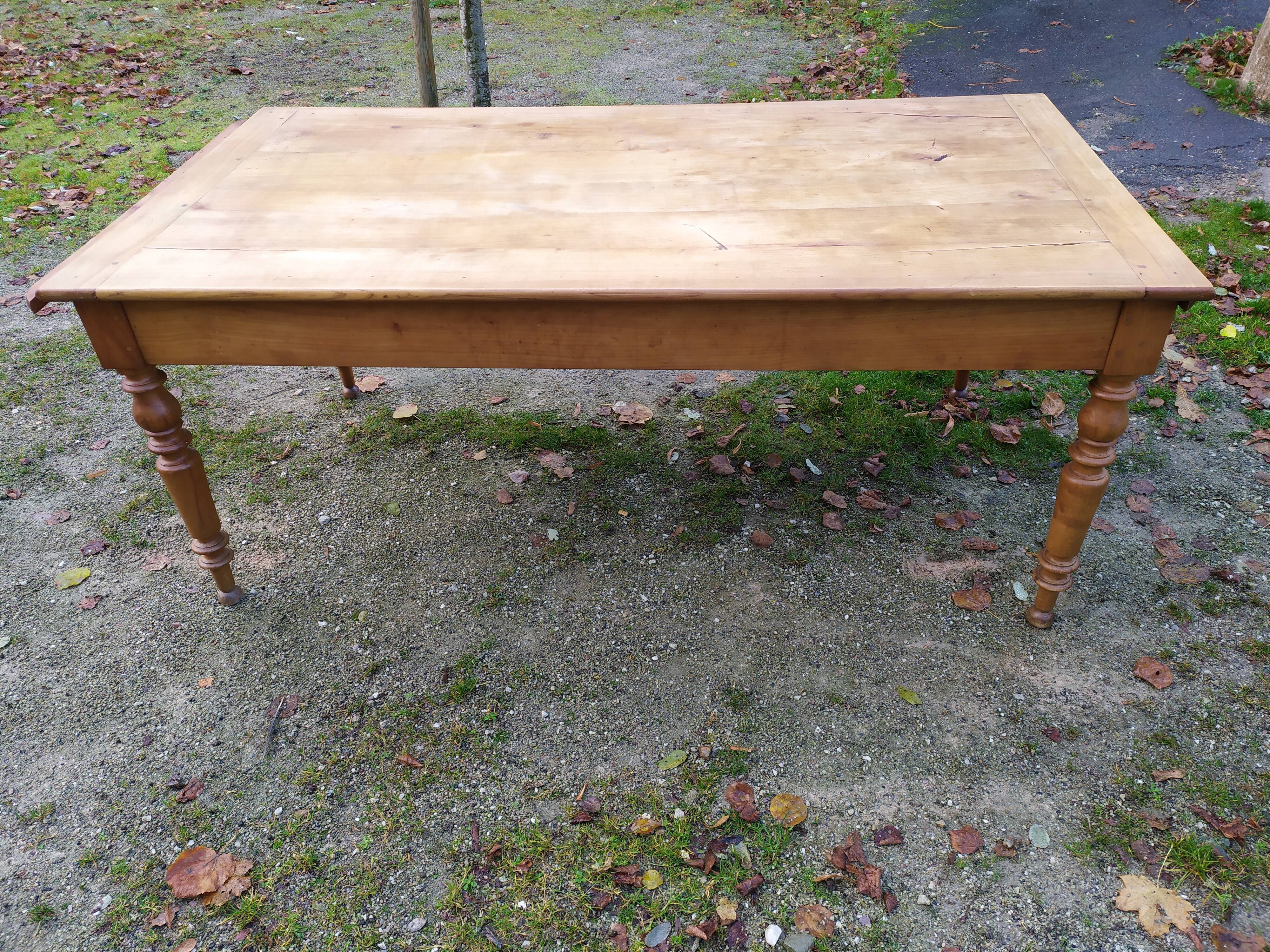 Cherry farm table, turned legs, 2 extensions