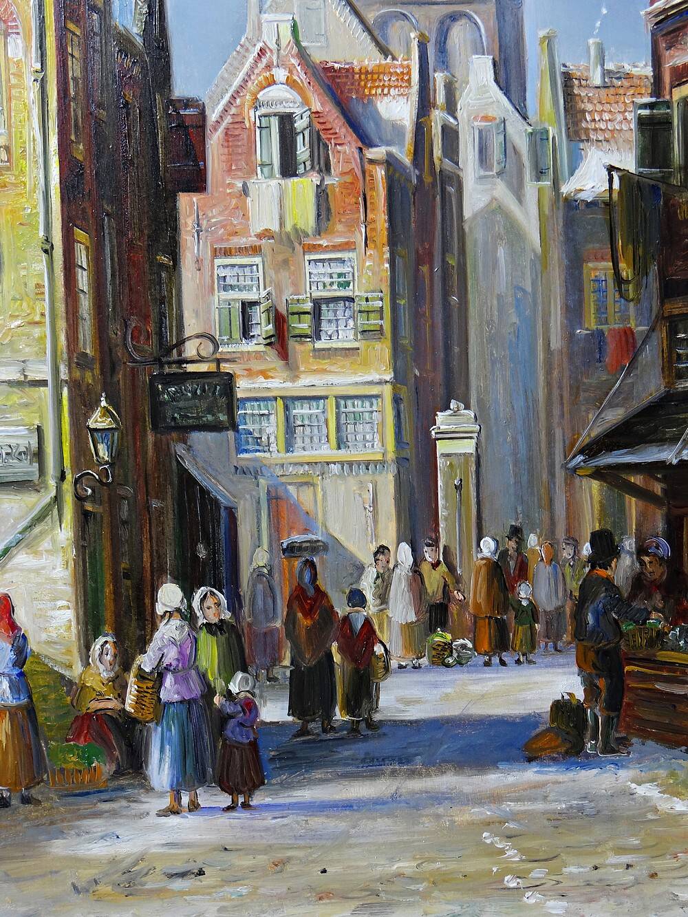 Large urban scene oil on wood framed painting John Haanstra vintage