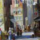 Large urban scene oil on wood framed painting John Haanstra vintage