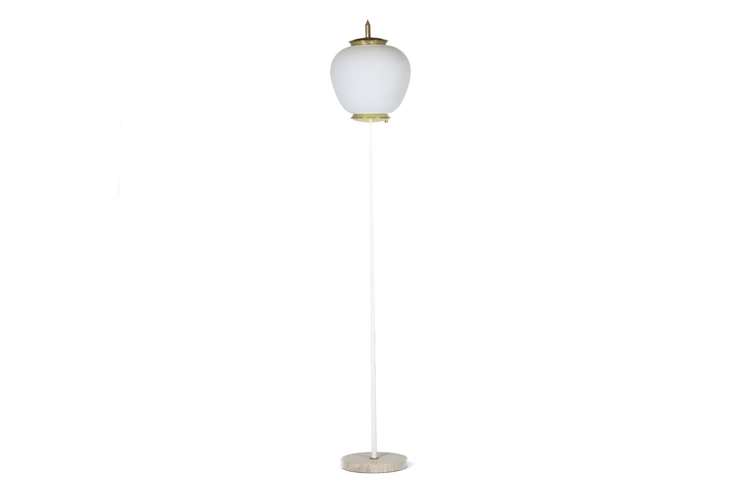 Floor lamp in opaline, lacquered metal and golden brass. 1950s.