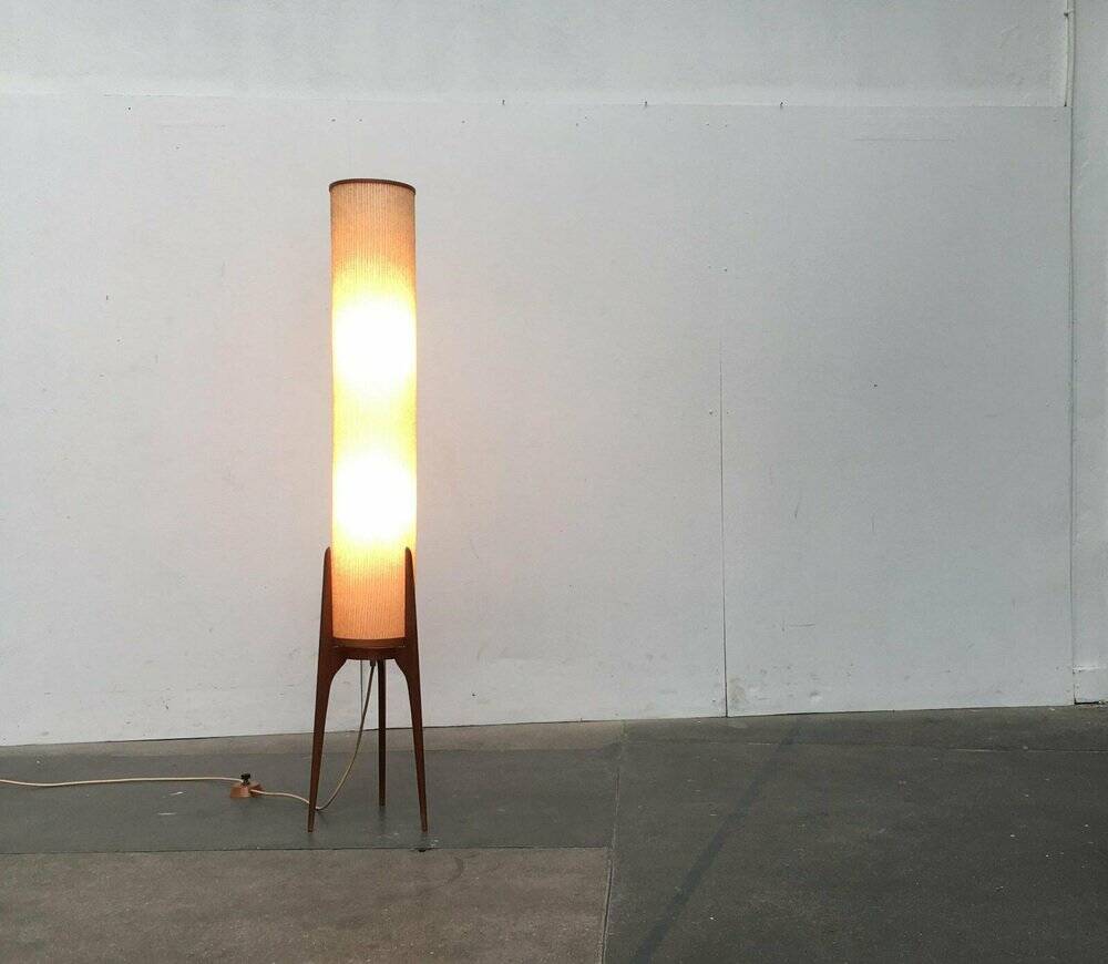 Mid-century tripod rocket floor lamp in teak, 1960s.