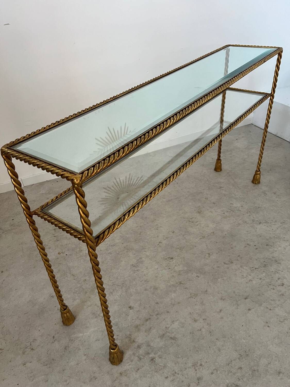 Antique console table in twisted gilded brass and glass Italian design from the 60s vintage table