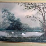 Original Gouache painting "the swan pond" Z.M. François + frame