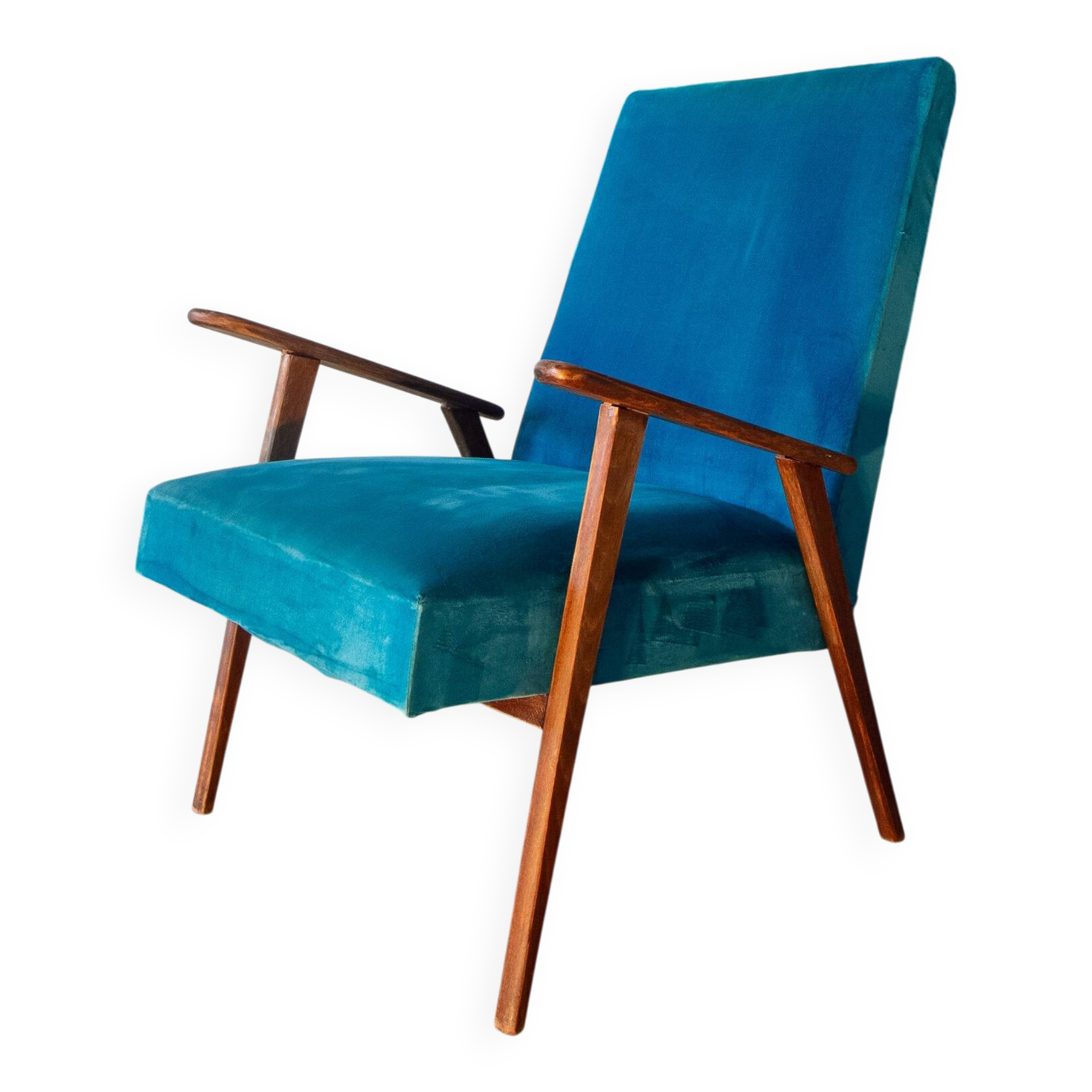 Scandinavian velvet armchair in duck blue, 1950s-60s.