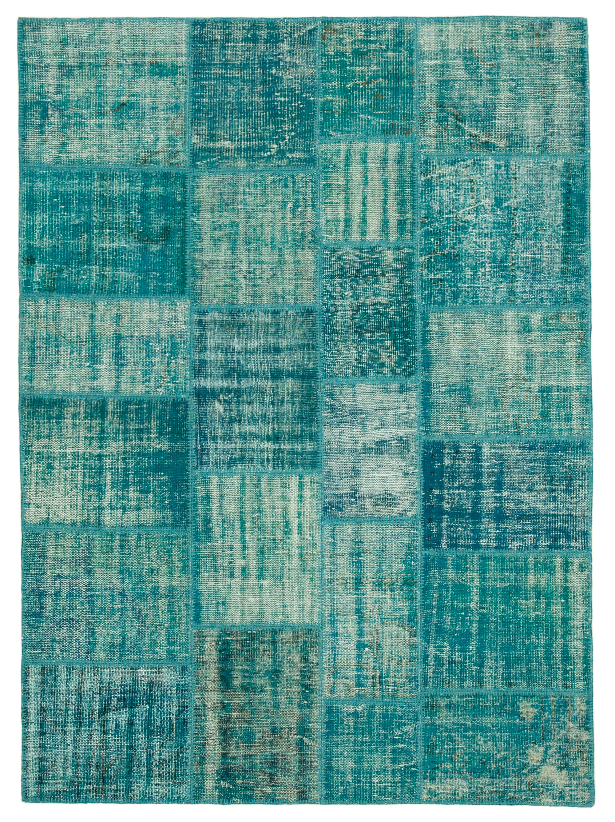 Handmade anatolian overdyed 175 cm x 242 cm turquoise patchwork carpet