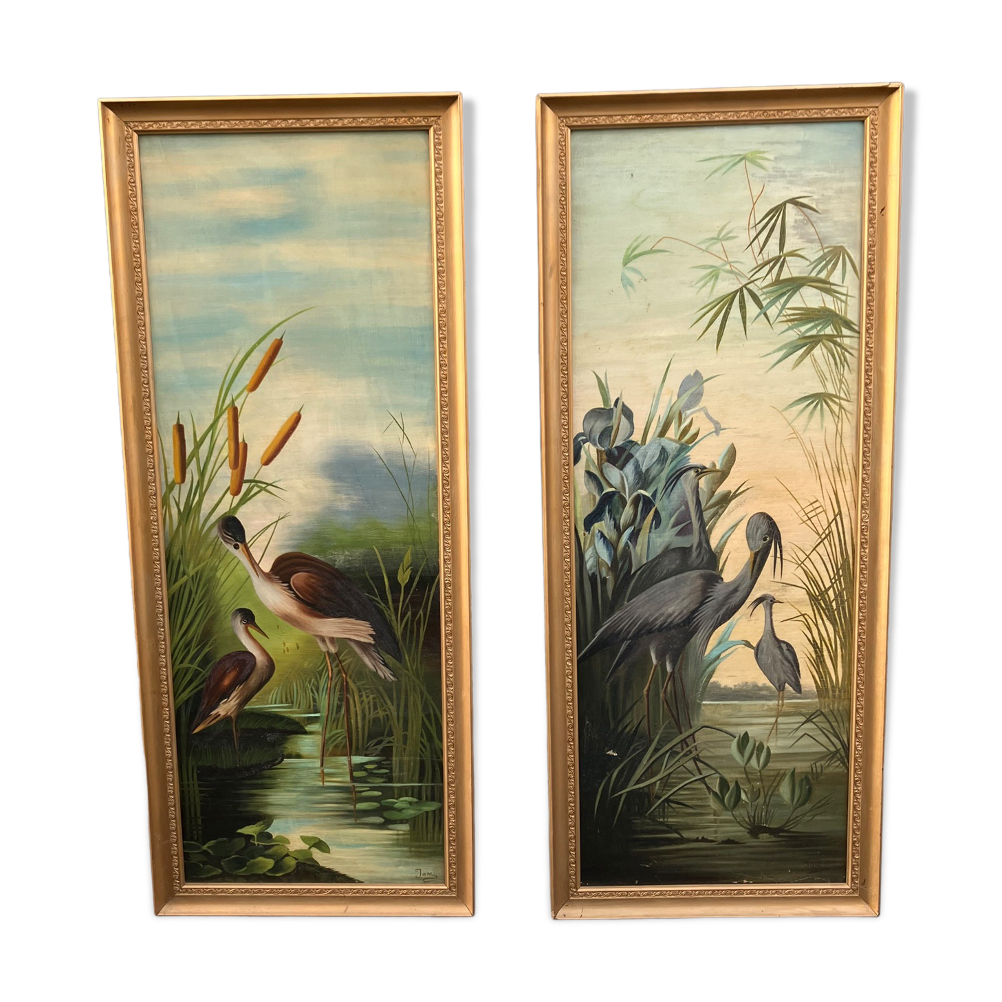 Pair of Japanese Oils On Canvas Birds By The River signed JANE