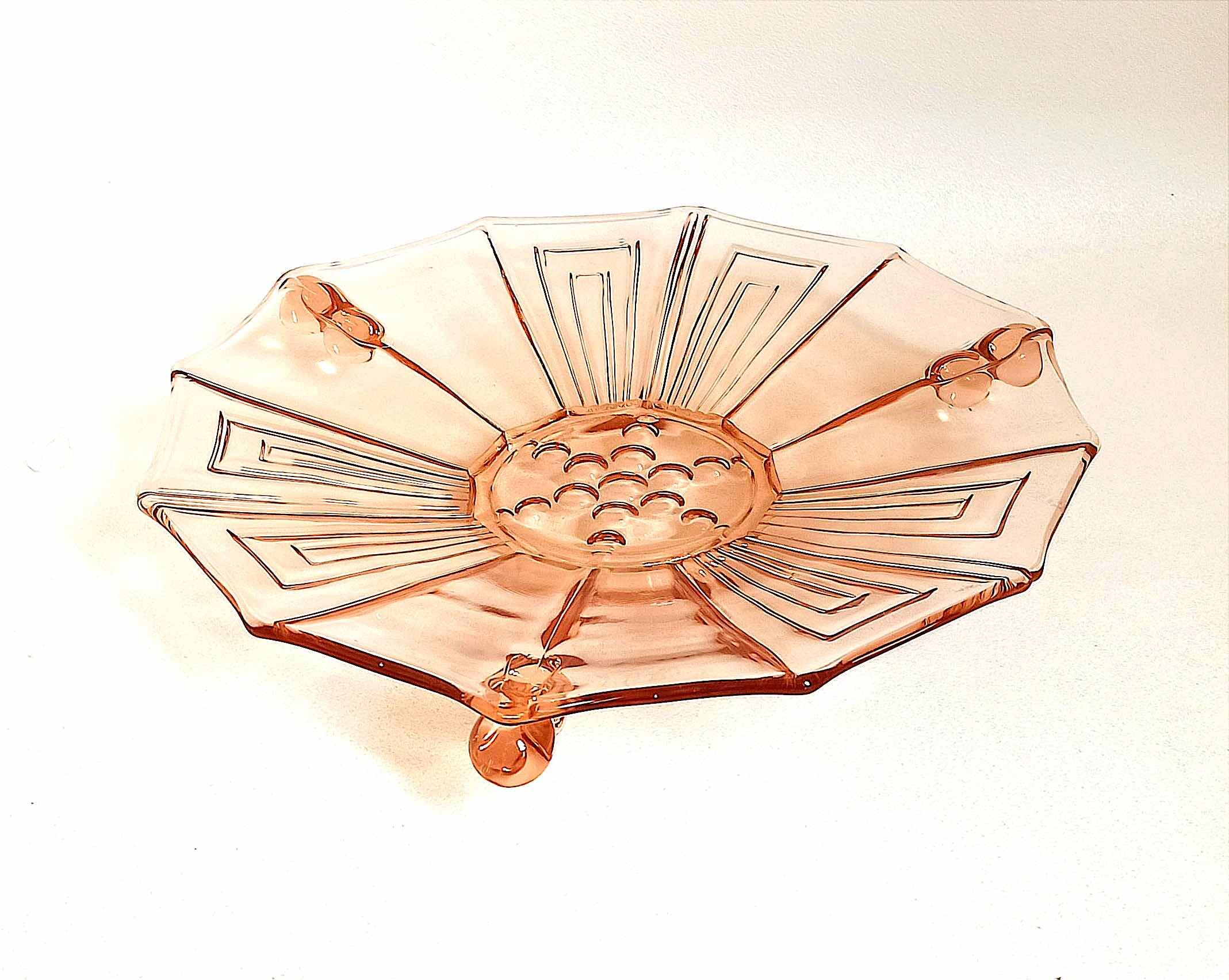 Art Deco pressed molded pink glass fruit bowl Diameter 30 cm.