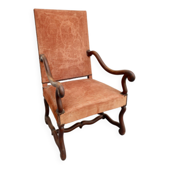 Large vintage "sheep bone" armchair, Louis XIII style, walnut