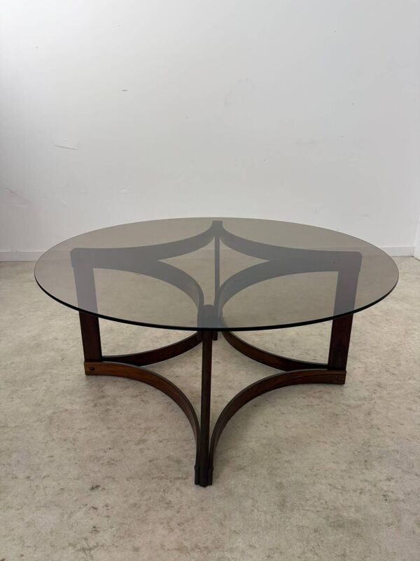 Ancienne table basse en palissandre et plateau de verre design Ingmar Relling pour Westnofa vintag annees 70