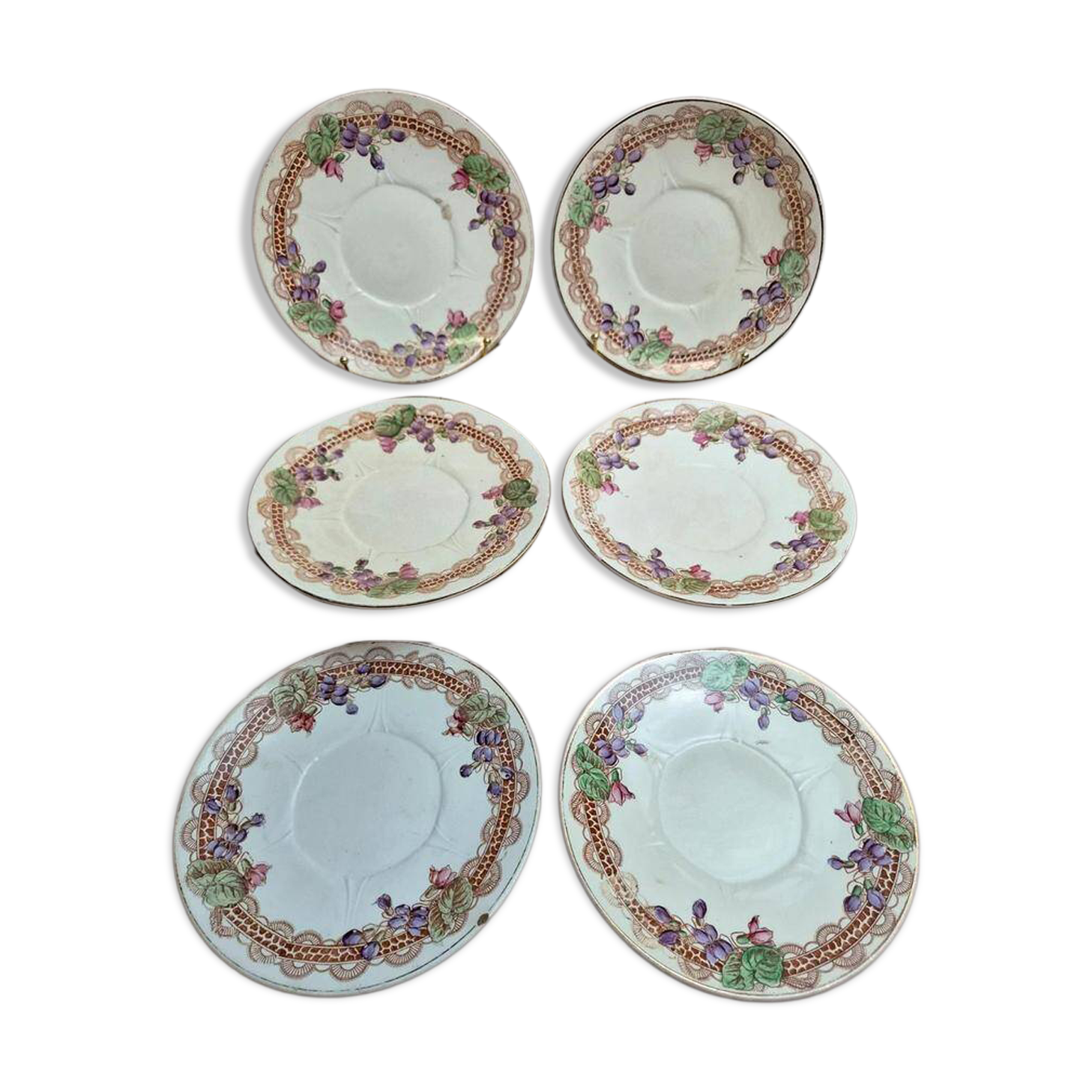 Set of 6 antique dessert plates Longwy – Violets model – Polychrome Art Nouveau decoration