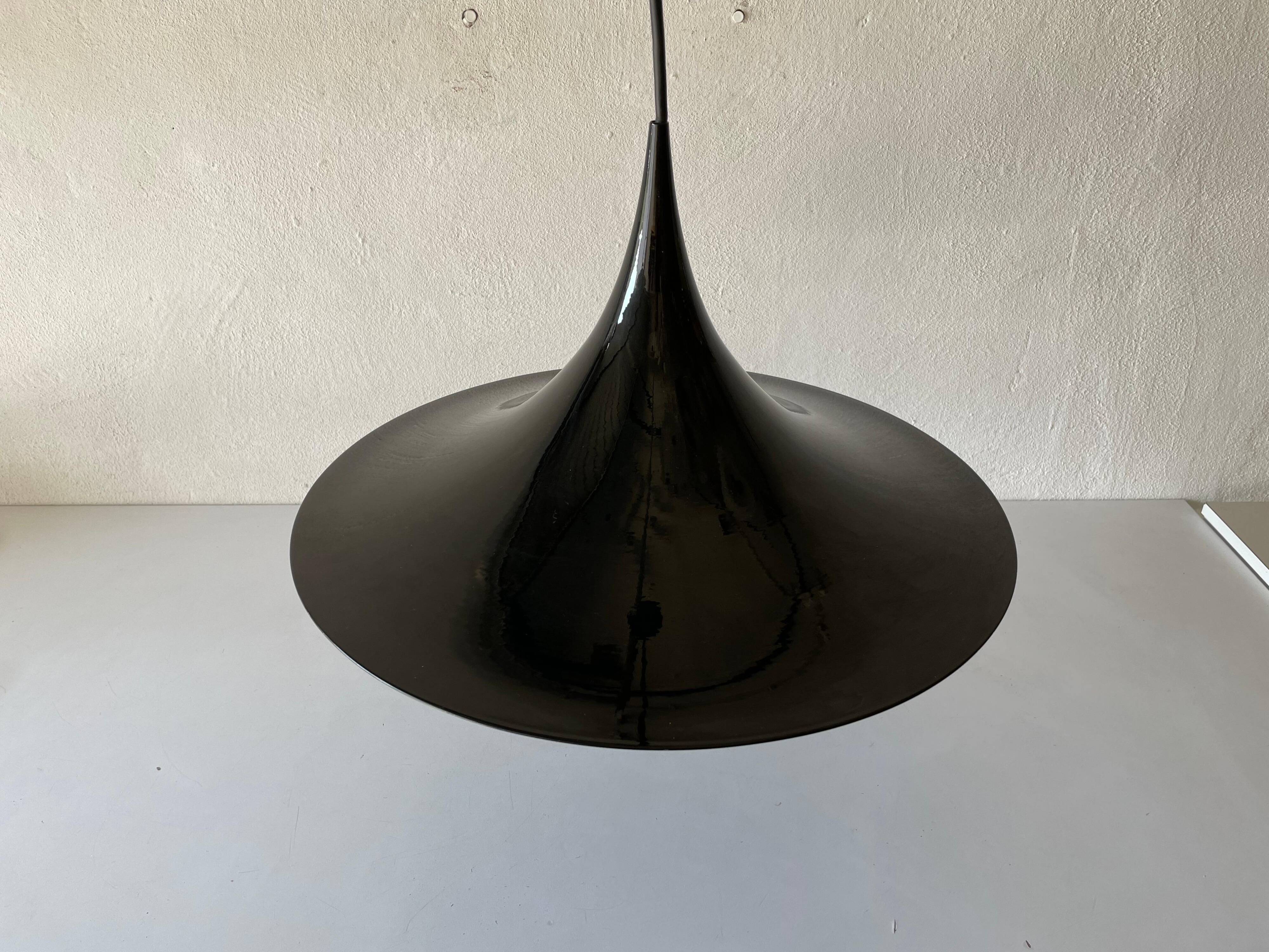Black metal pendant lamp with trumpet design, 1960s, Italy.