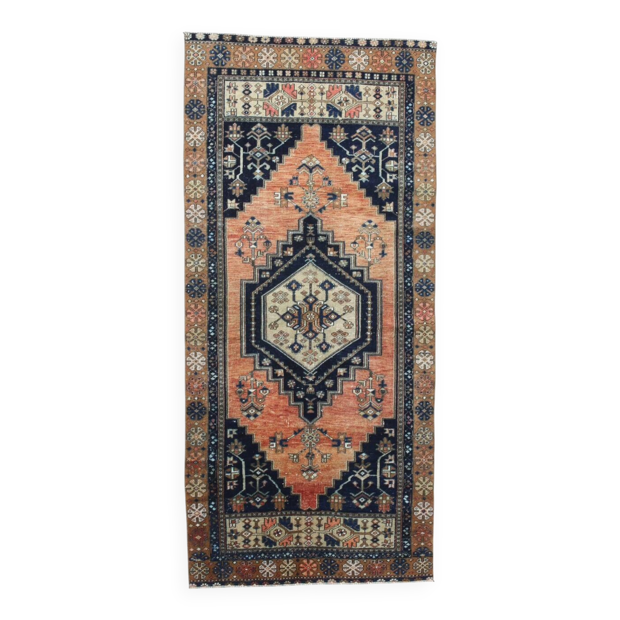 3x7 Red Navy Blue Geometric Persian Rug, 102x223Cm