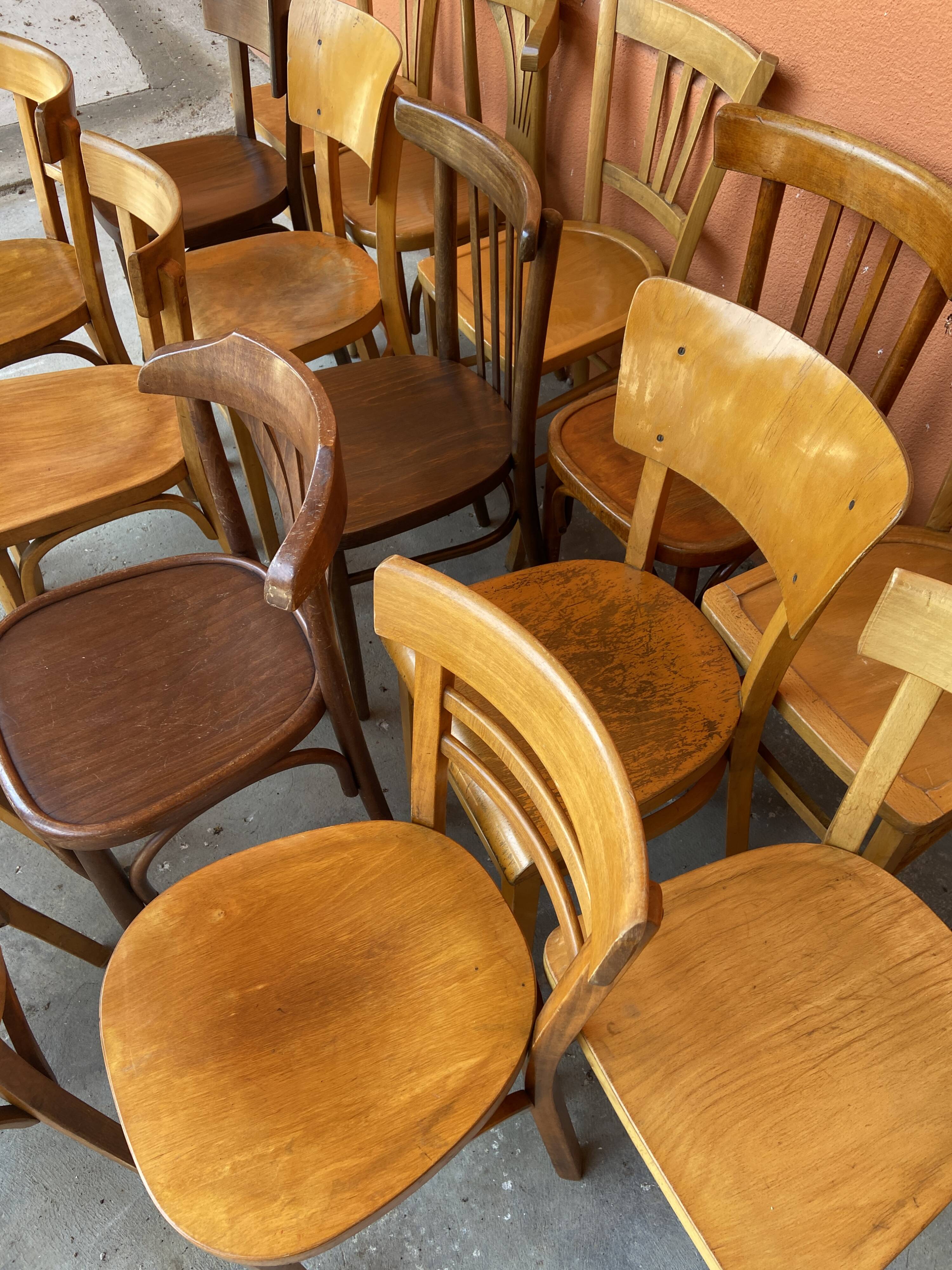 set of 20 mismatched bentwood vintage restaurant bistro chairs