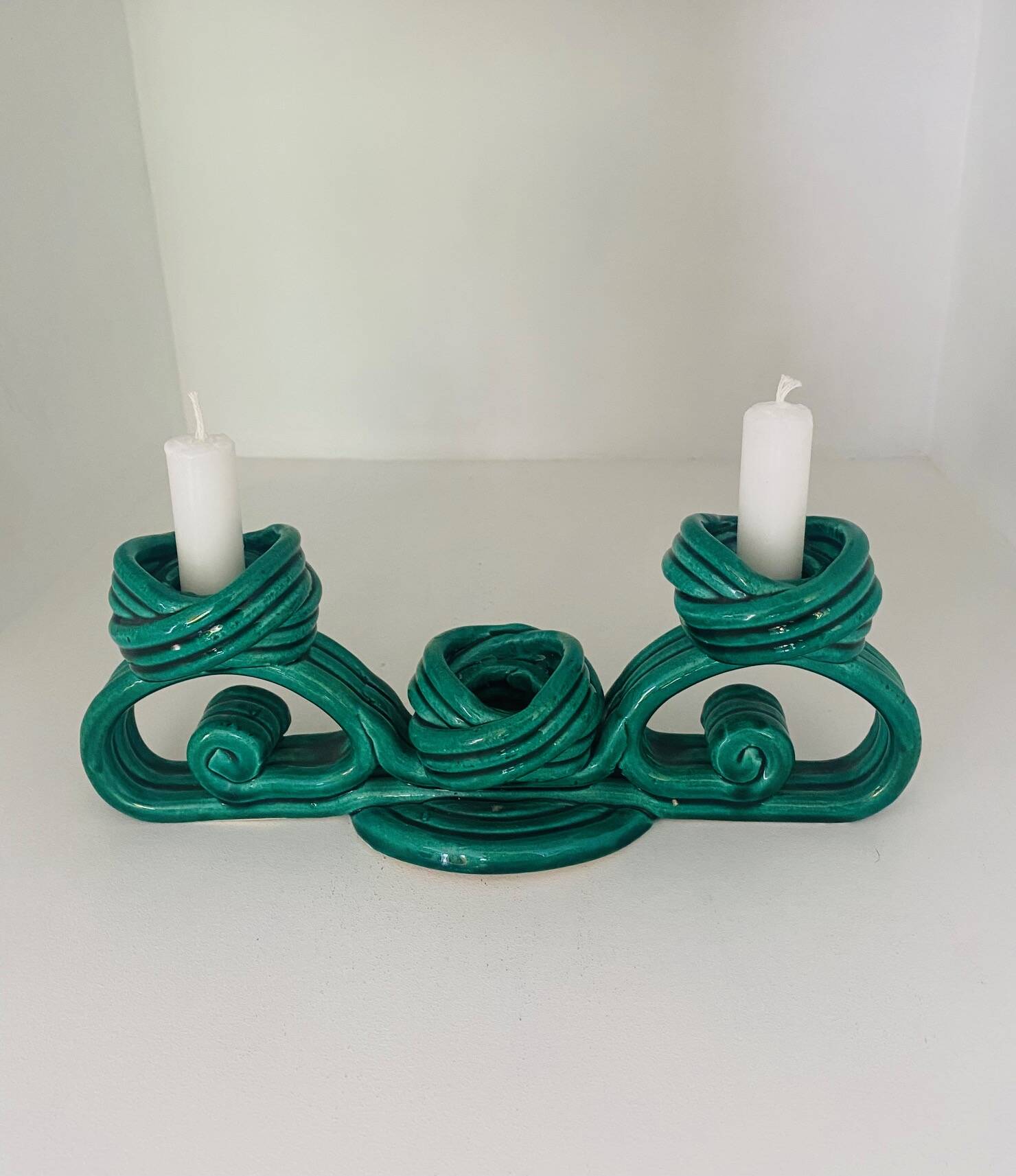 Twisted green ceramic candle holder from Vallauris 1950s