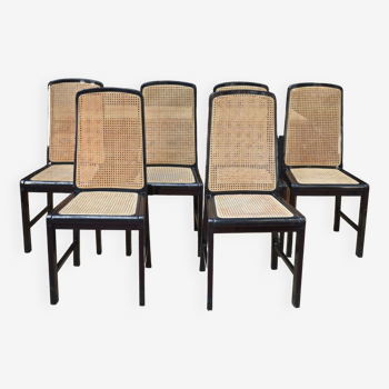 Set of 6 vintage tanned chairs in black lacquered wood of origin 1970