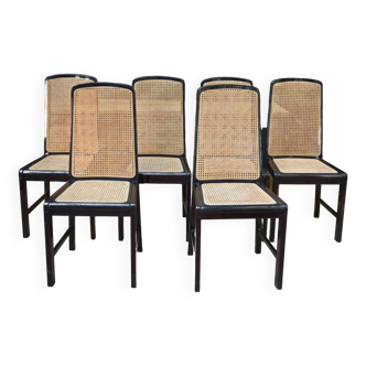 Set of 6 vintage tanned chairs in black lacquered wood of origin 1970