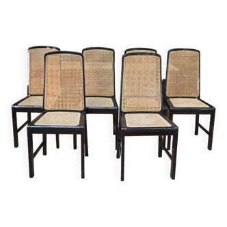 Lot de 6 chaises cannées Vintage en bois laqué noir d'origine  1970