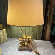 Bronze and travertine water lily lamp attributed to Maison Charles, circa 1970.
