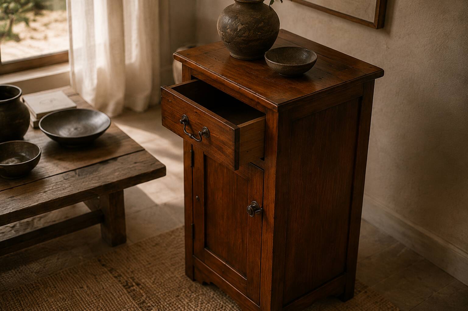 Rustic Walnut Bedside Cabinet, 1980s