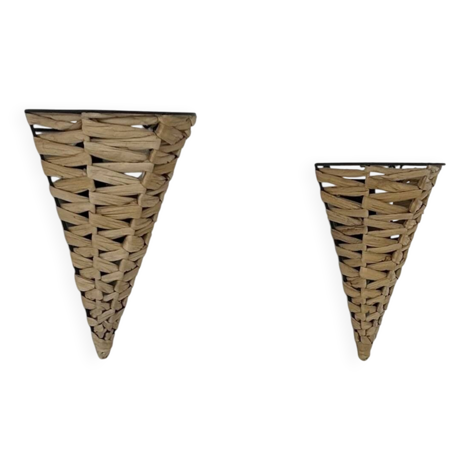 Pair of vintage raffia wall lights, France, 1980.