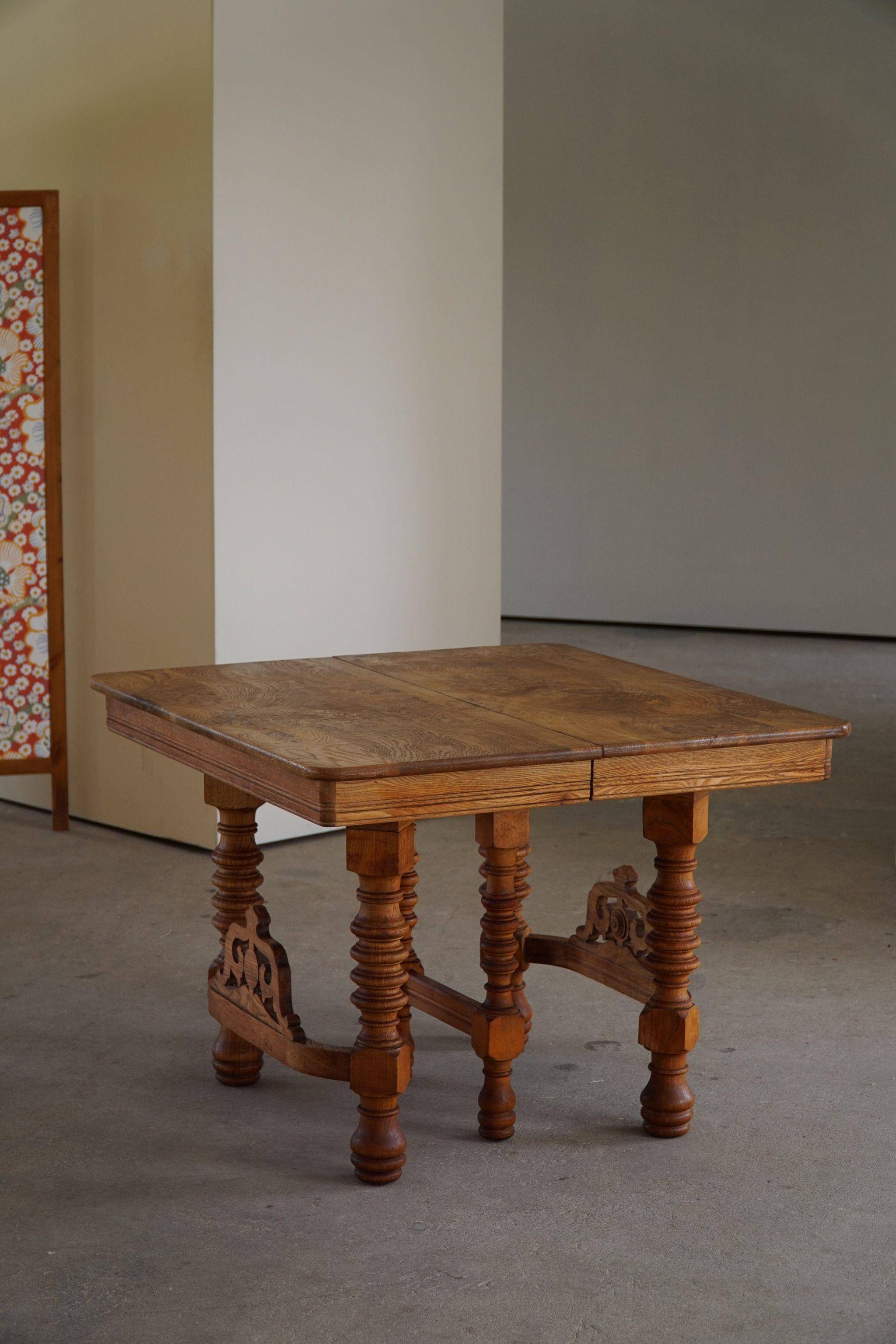 Square dining room/office table from the 19th century, baroque, Danish cabinetmaker.
