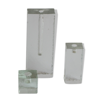 Glass block candlesticks and solifleur vase by Walther glass, Germany 1960s.