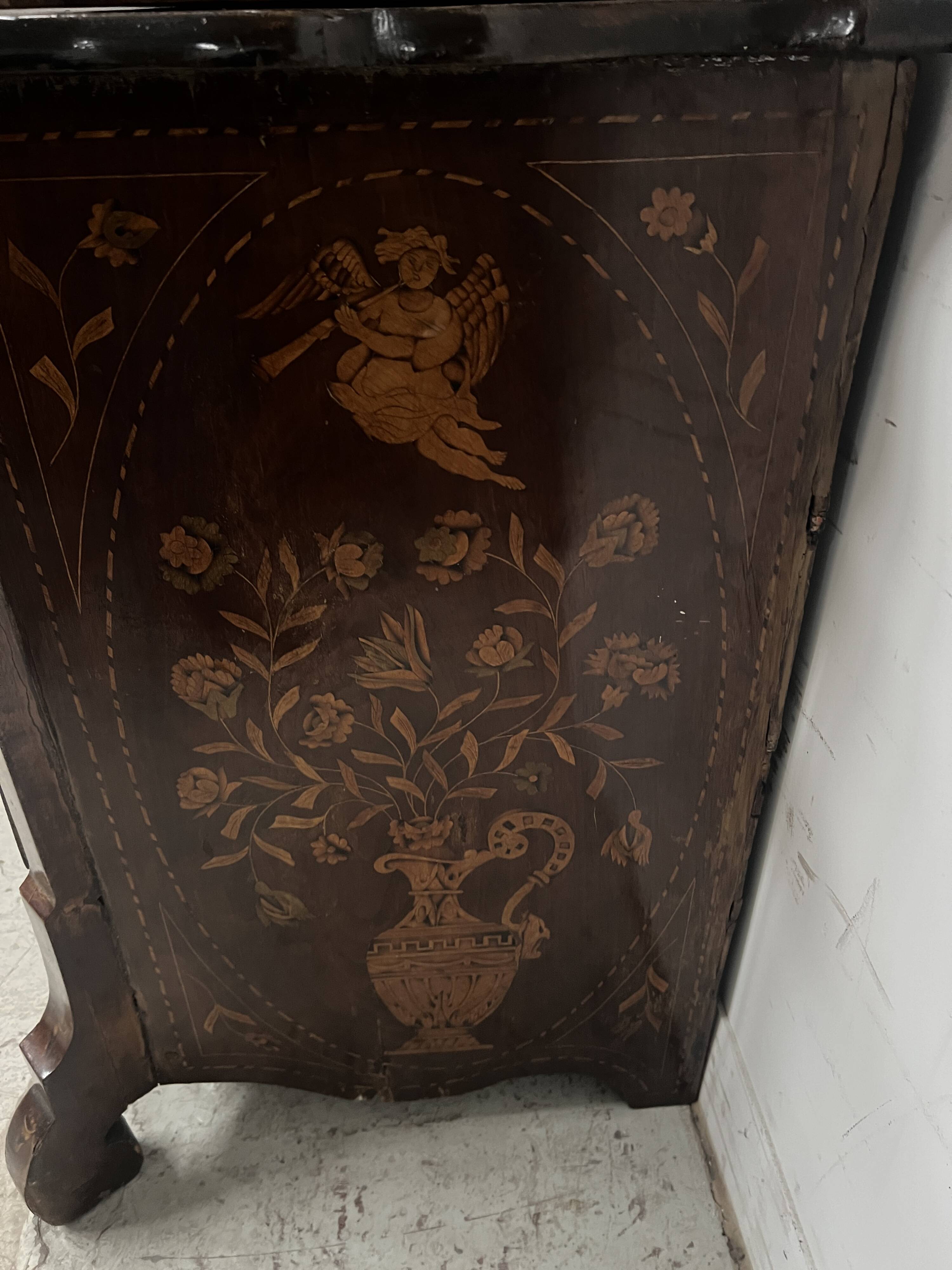 Dutch display cabinet in two parts made of marquetry wood.