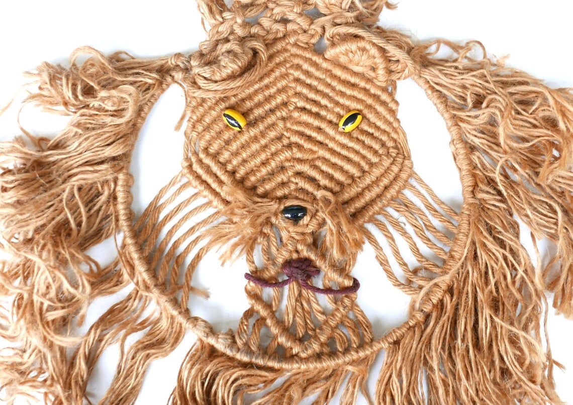 Lion wall weaving in macramé, 70s