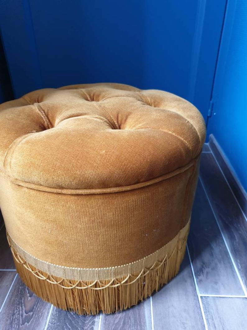 Old golden camel velvet pouf art deco style