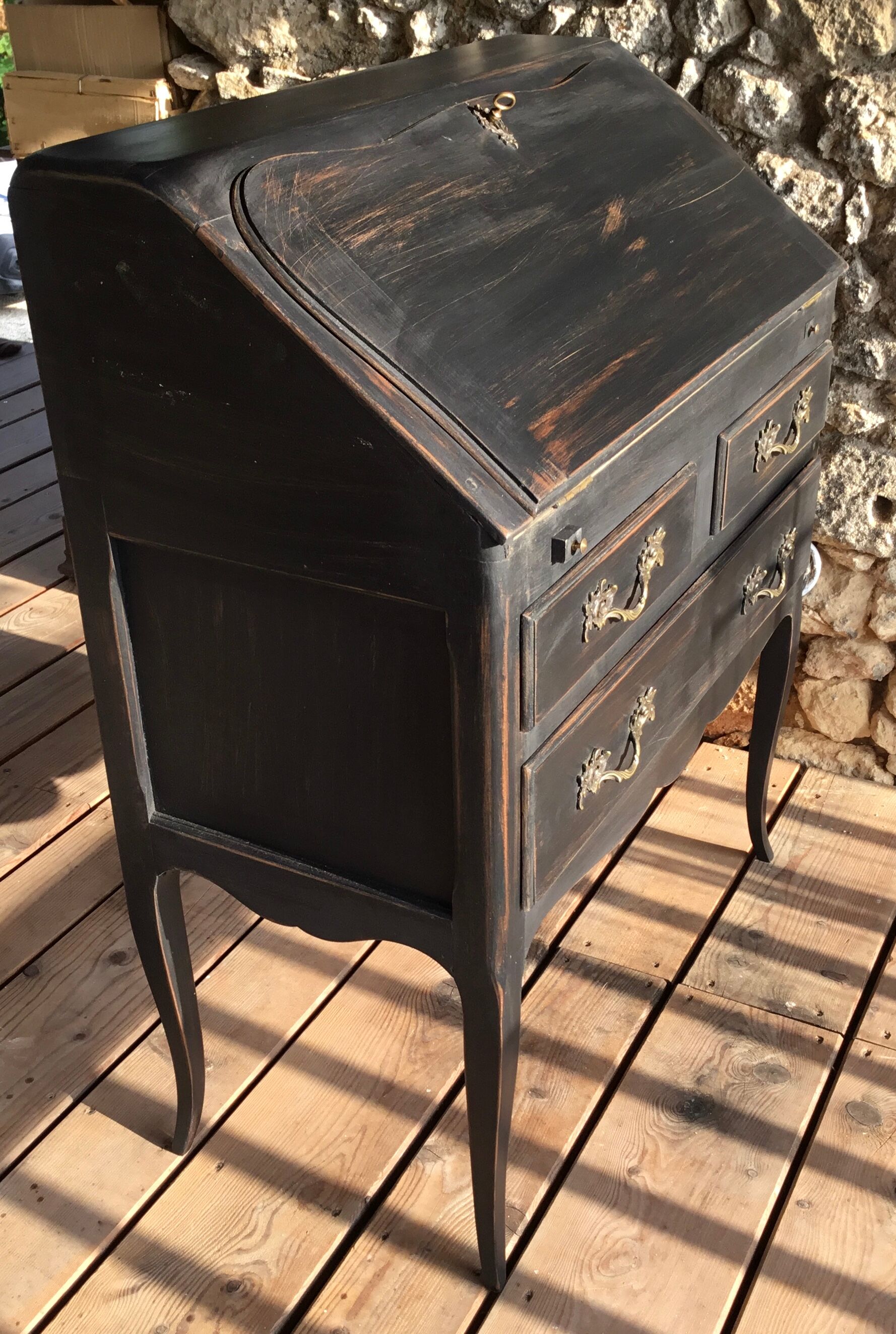 Louis XV style scriaban lacquered black and beige inside