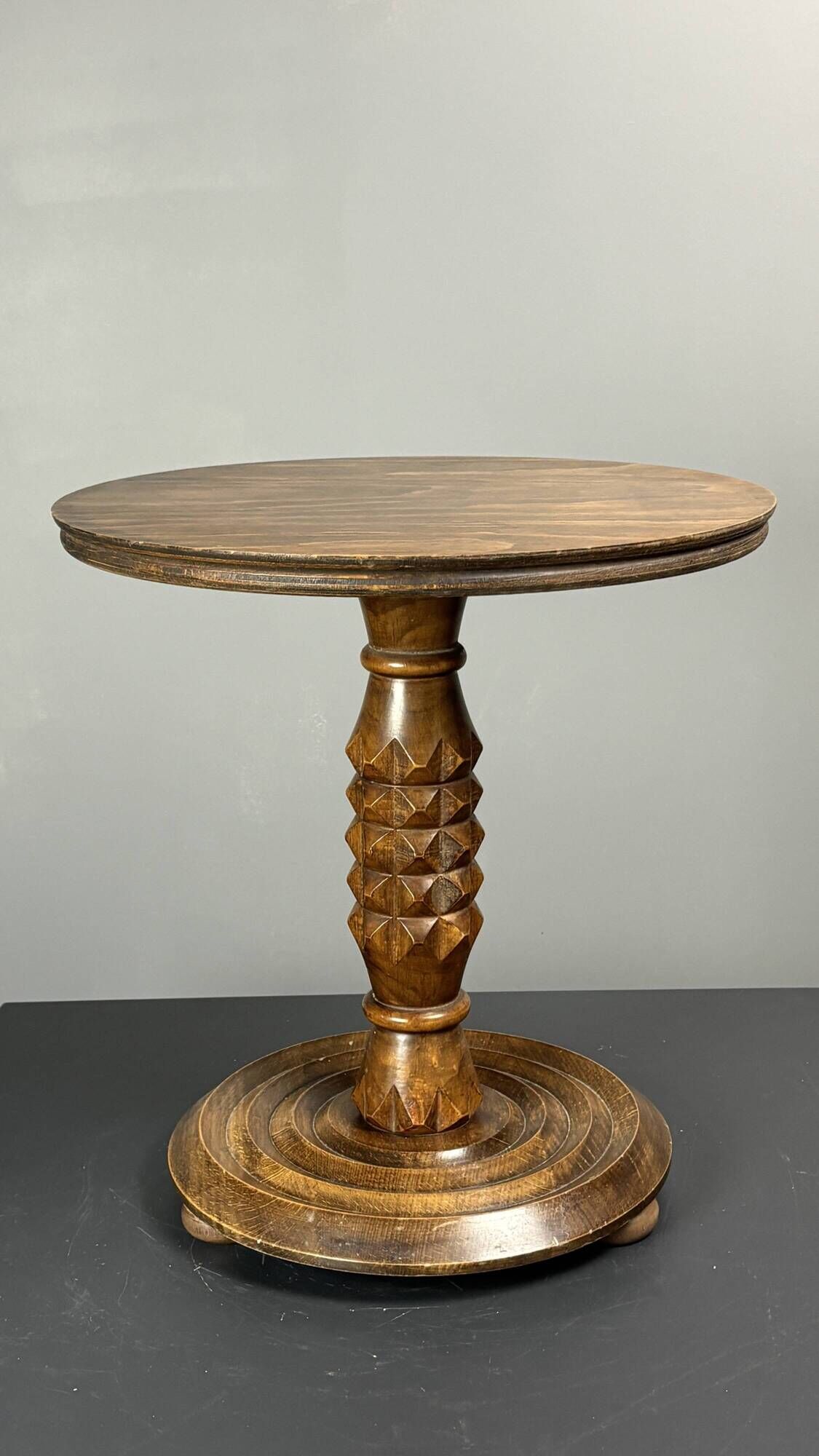 Low wood turned midcentury brutalist side table, Charles Dudouyt style