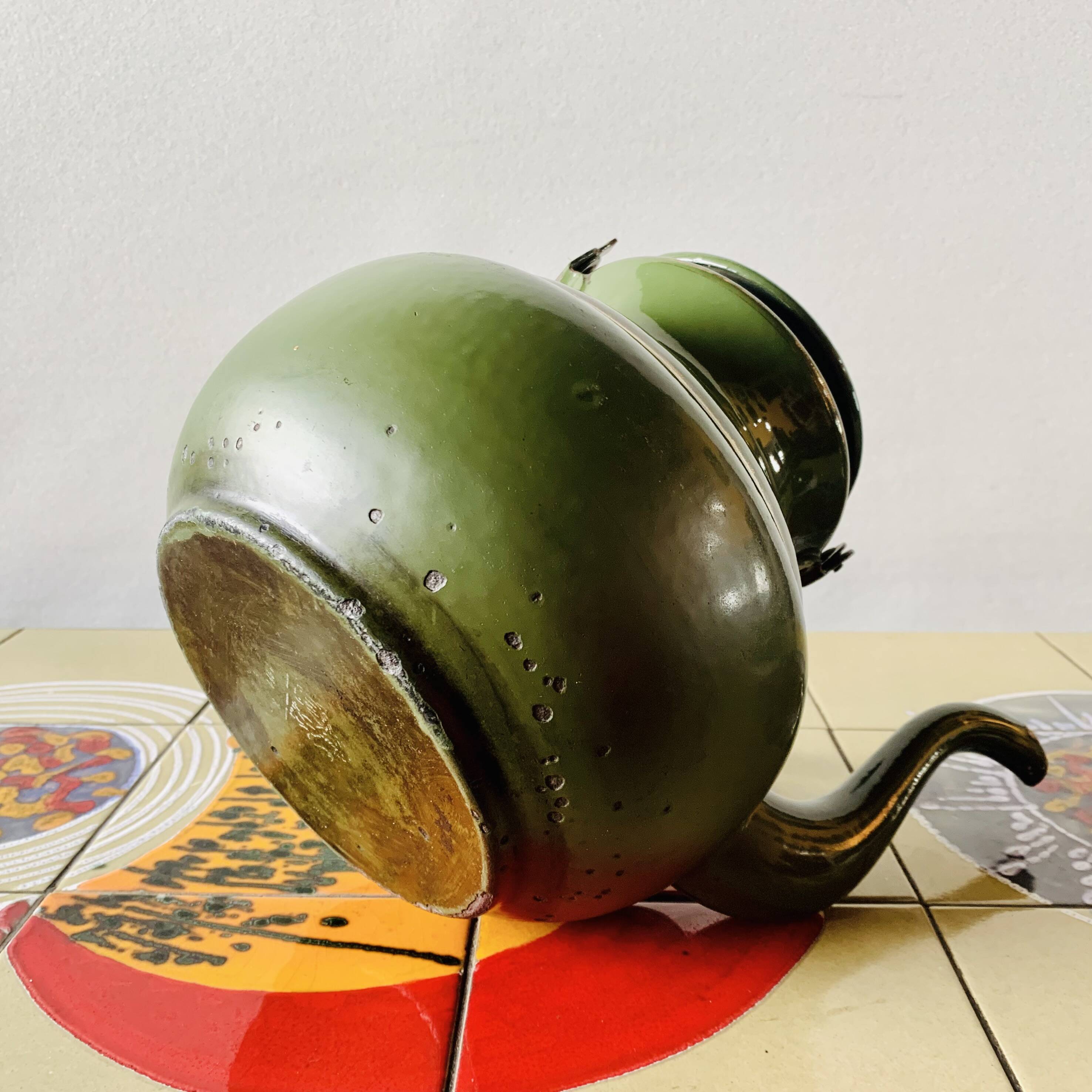 Vintage green enameled sheet metal kettle