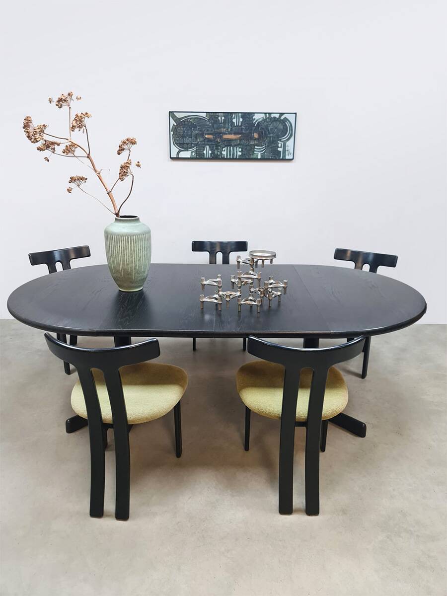 Midcentury 'T-shape' black oak extendable dining set vintage