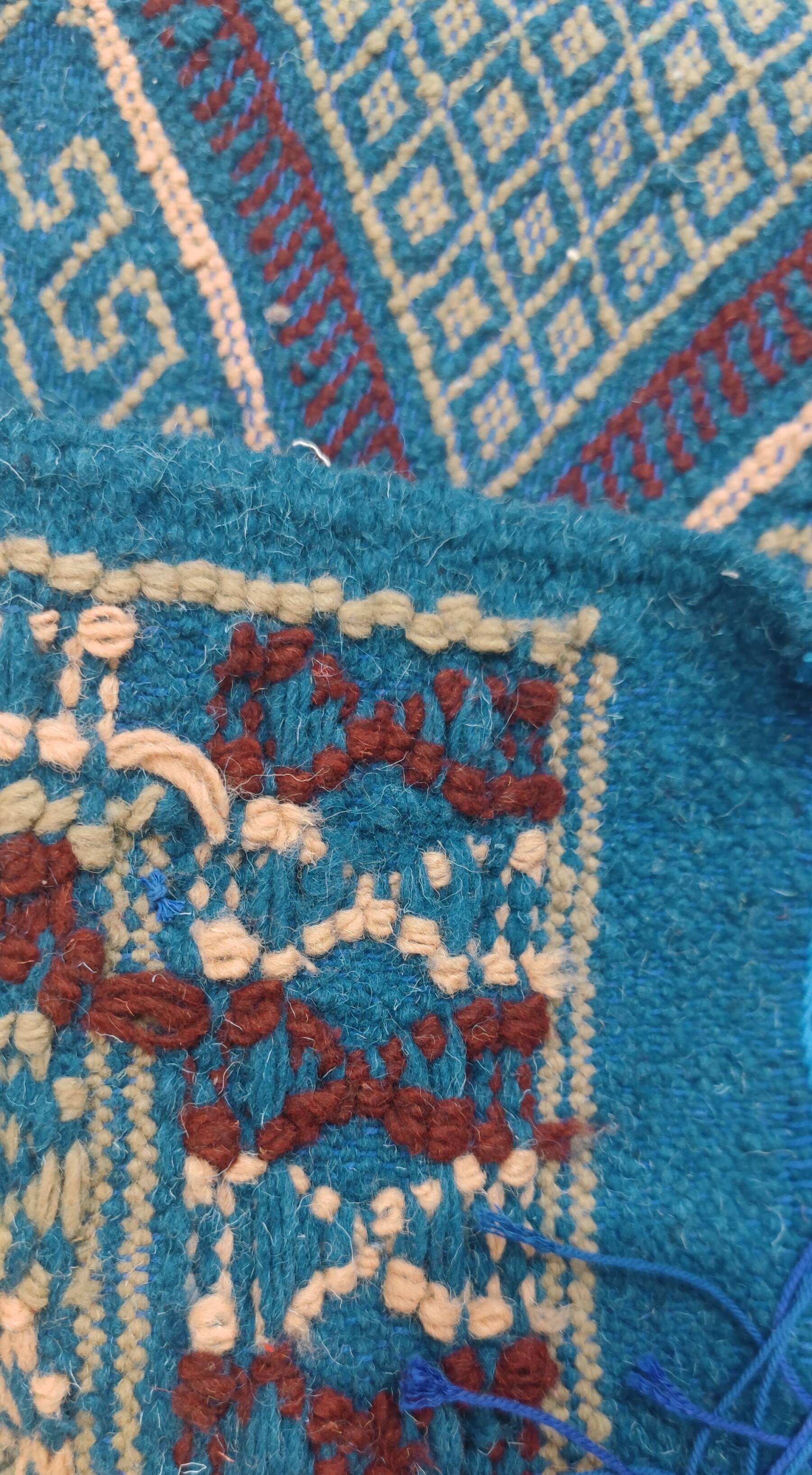 Handmade blue mergoum rug in natural wool