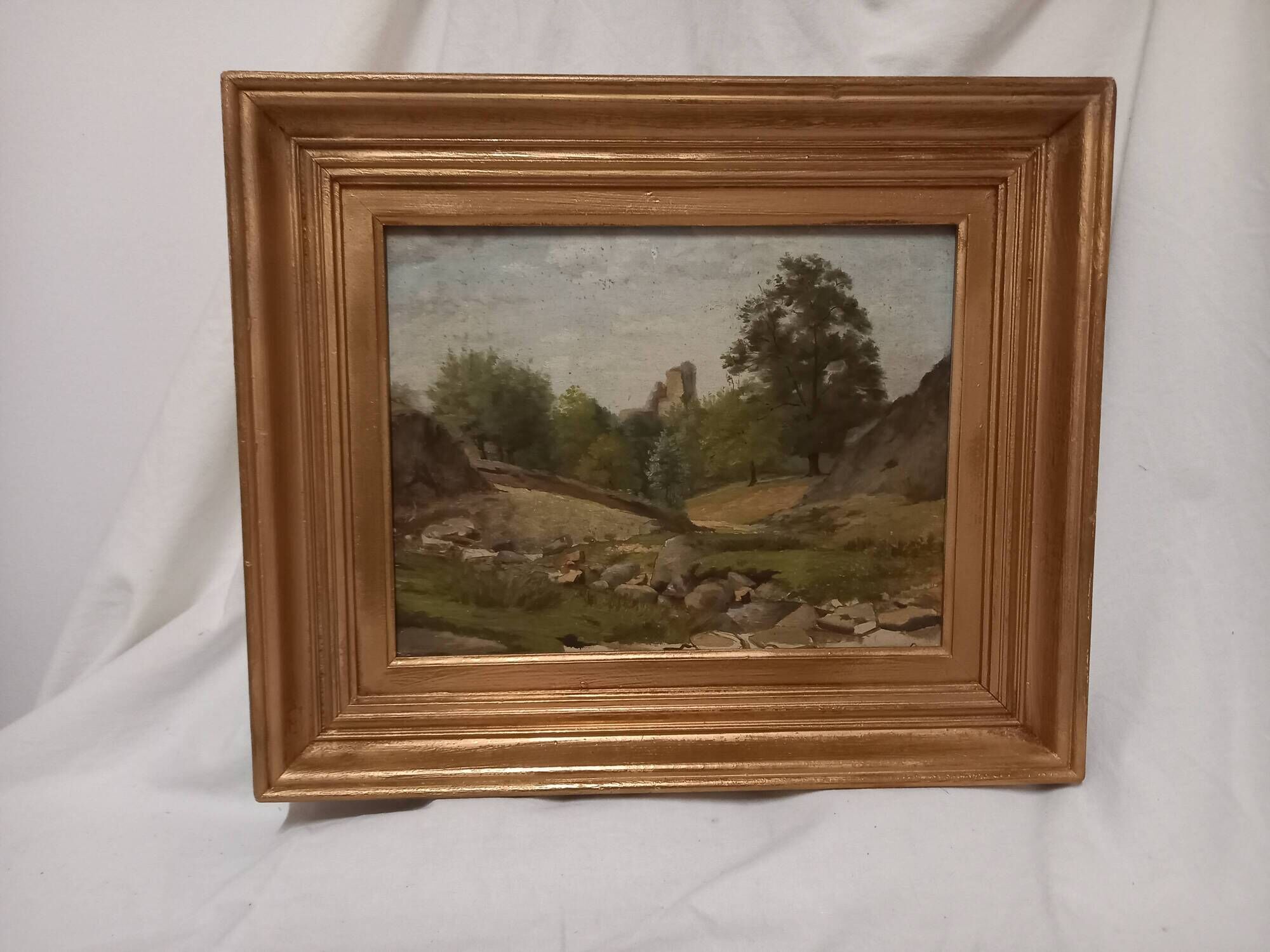 Old painting, oil on wood, rural landscape, small mountain, torrent