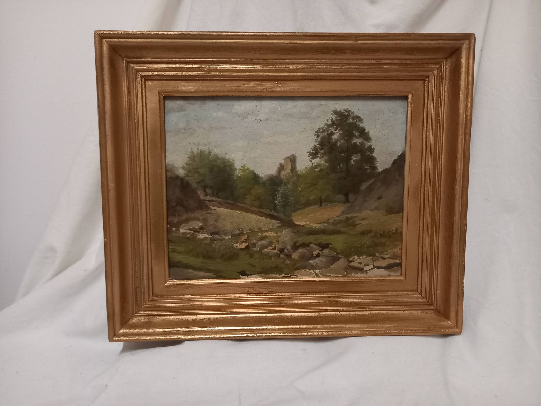 Old painting, oil on wood, rural landscape, small mountain, torrent