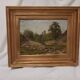 Old painting, oil on wood, rural landscape, small mountain, torrent