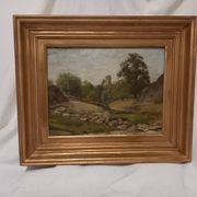 Old painting, oil on wood, rural landscape, small mountain, torrent