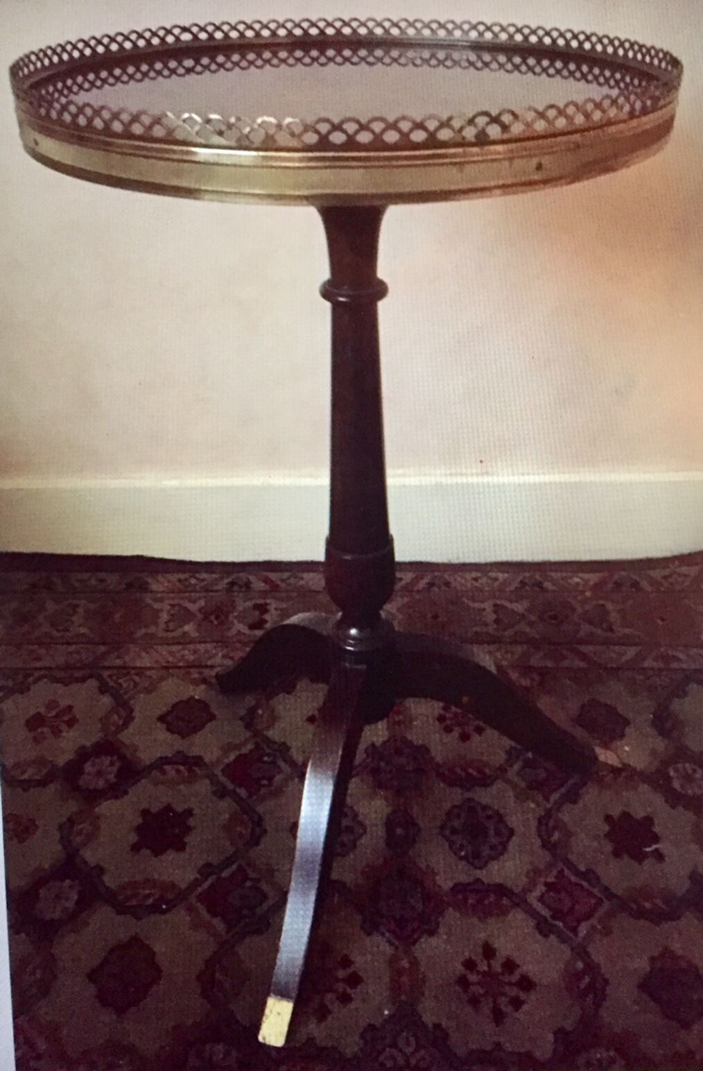 Cherry and brass pedestal side table