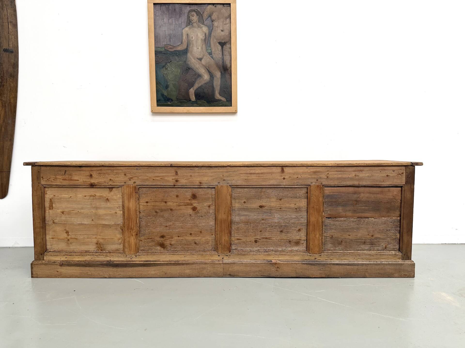 Very large pine trade counter, circa 1920.