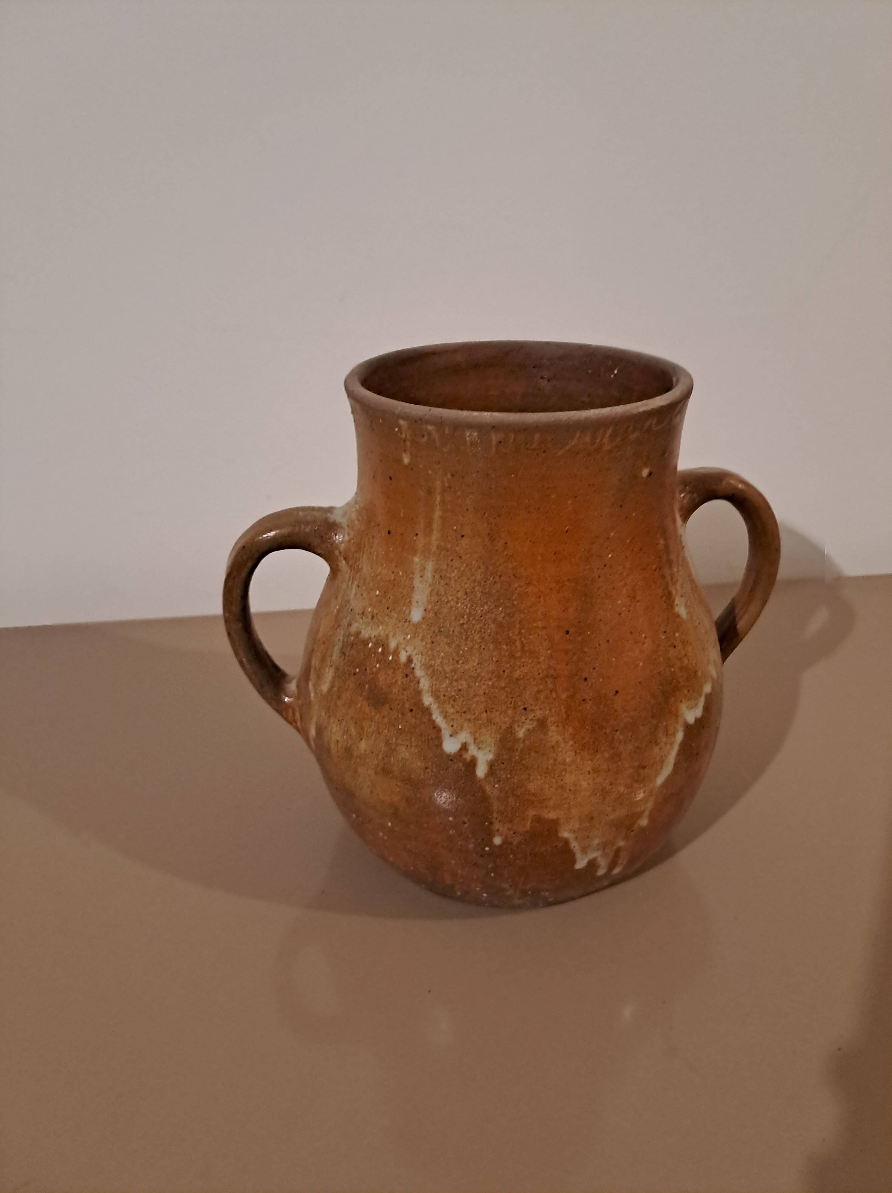 Vintage glazed stoneware jug - rustic two-handled craft