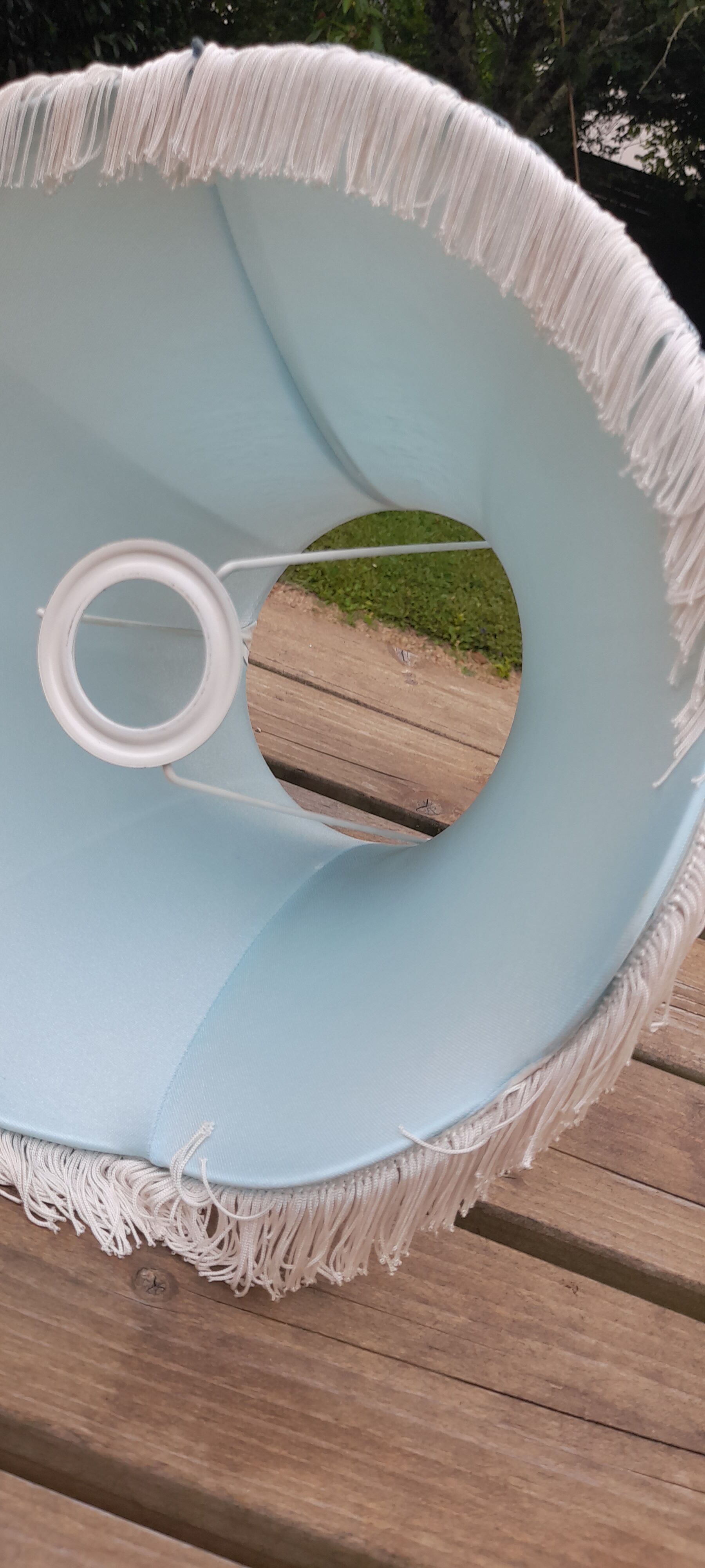 Lampshade pagoda white fabric lined, fringes and blue stripes