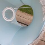 Lampshade pagoda white fabric lined, fringes and blue stripes