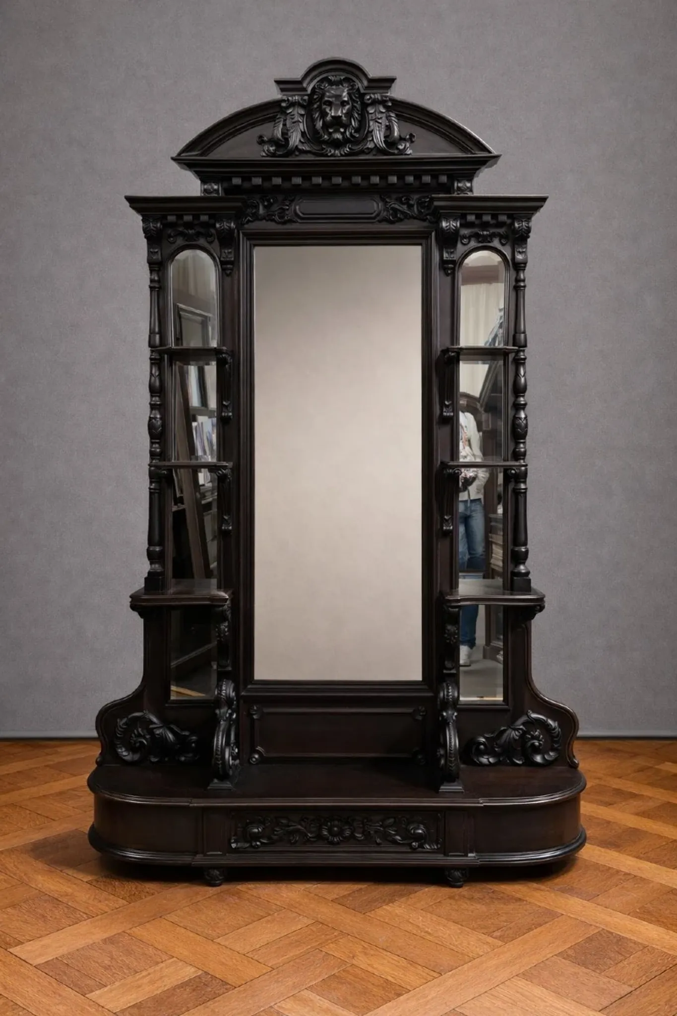Large antique blackened wood carved cheval mirror