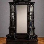 Large antique blackened wood carved cheval mirror