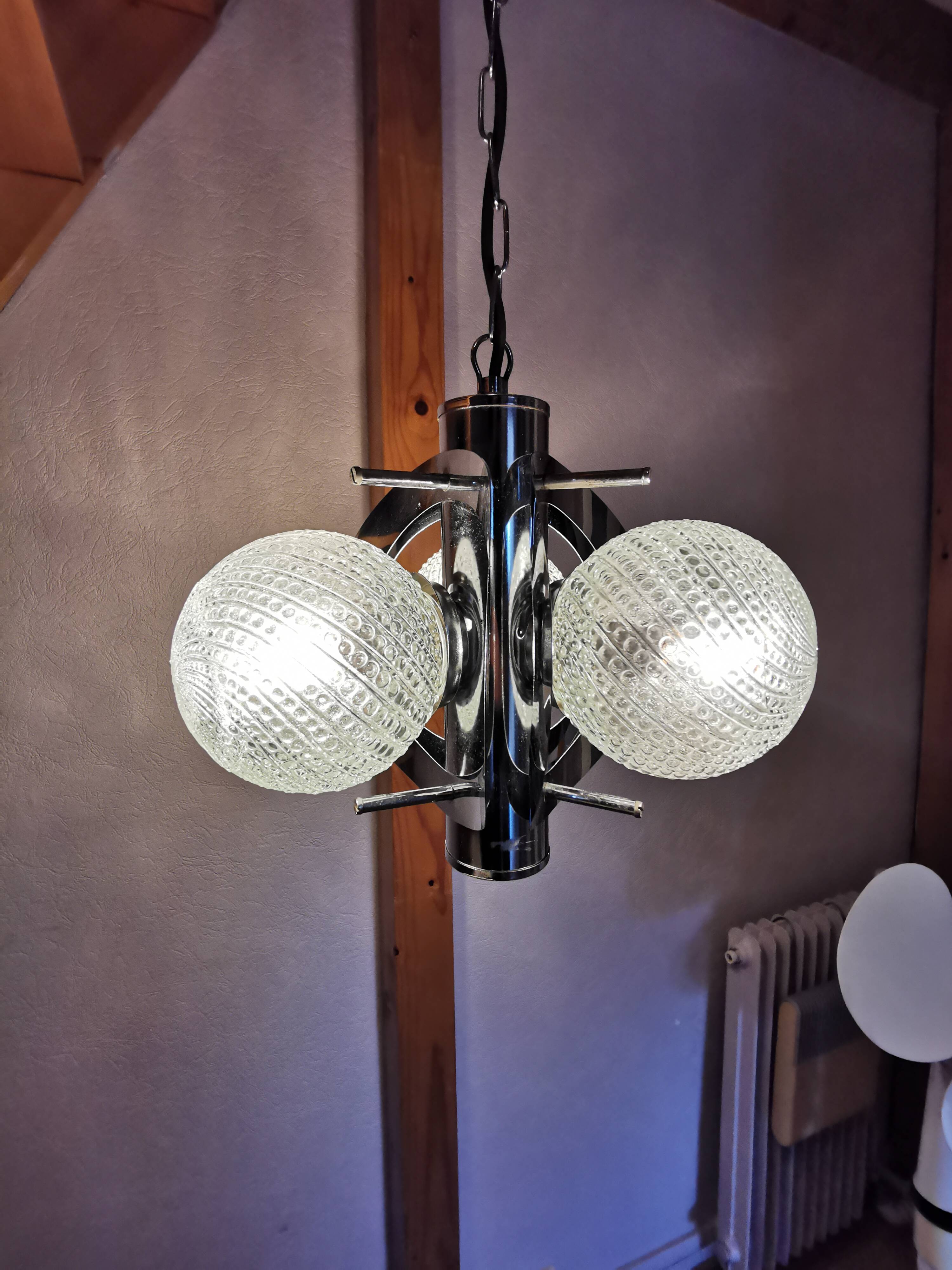 Space age chandelier with 3 lights, stainless steel and cut glass, Mazzega style, 1970