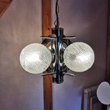 Space age chandelier with 3 lights, stainless steel and cut glass, Mazzega style, 1970