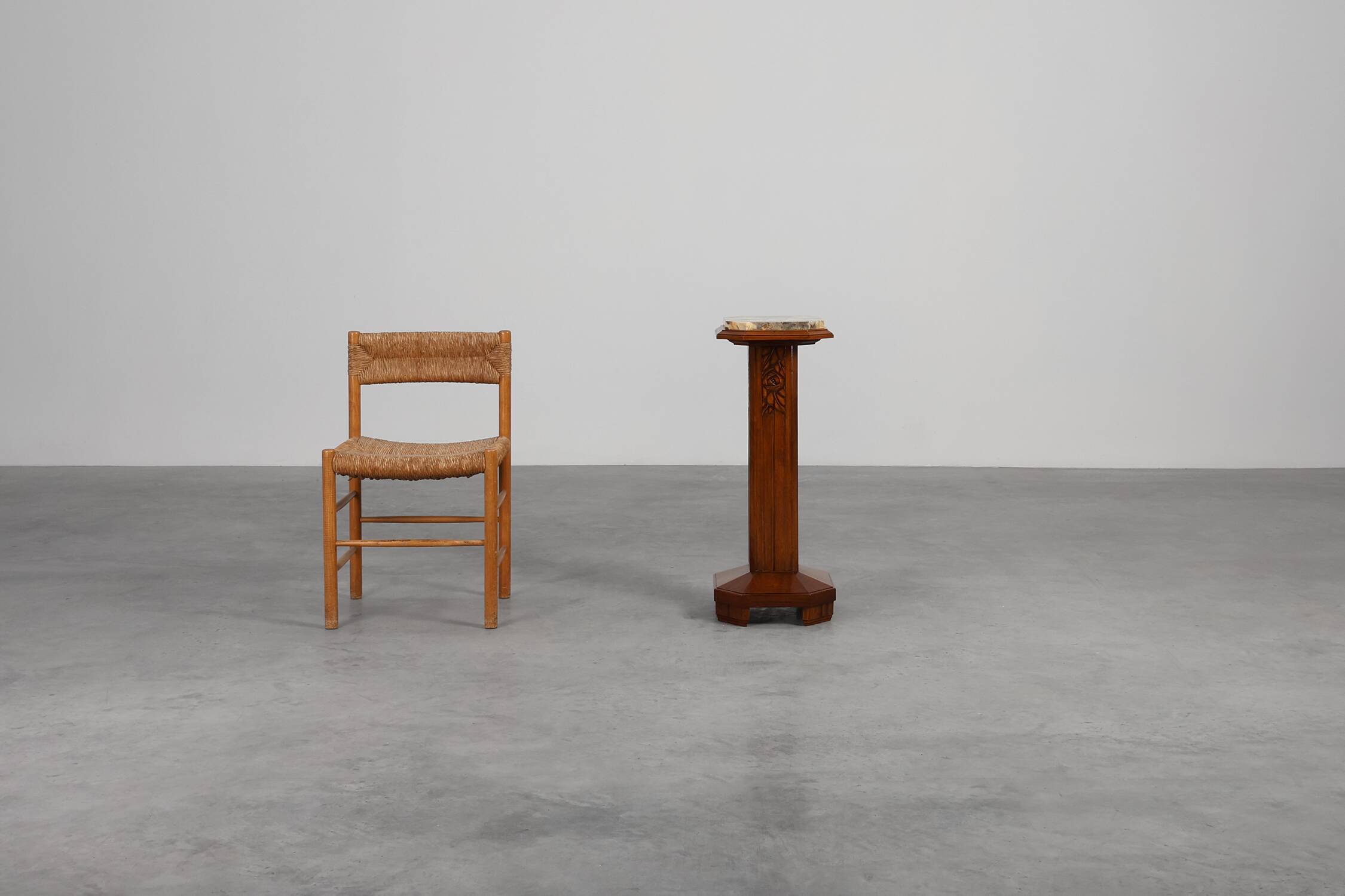 Oak & Marble large Art Deco pedestal, France 1920s