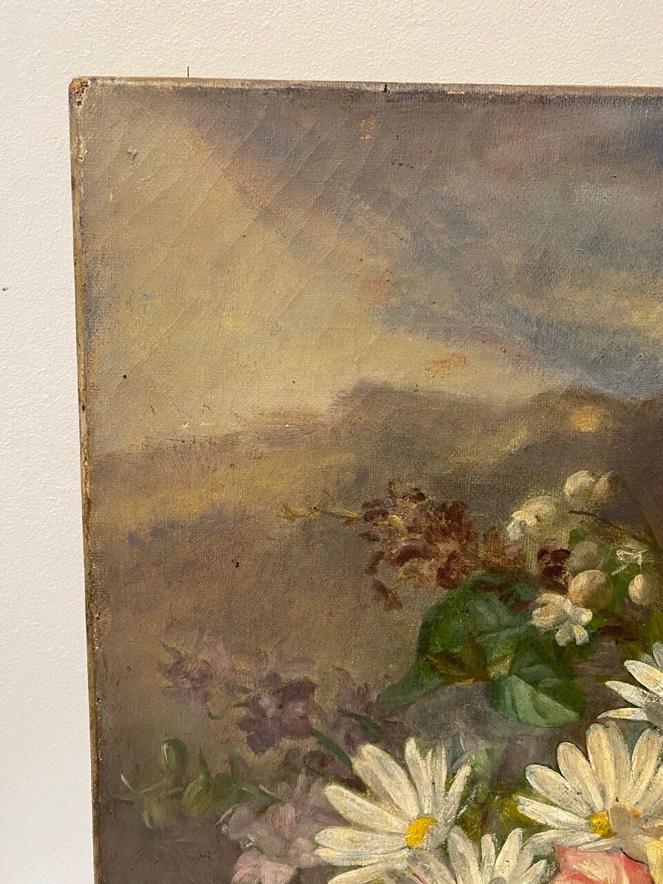 Old painting, still life with daisy roses and wild flowers, signed, early XX century